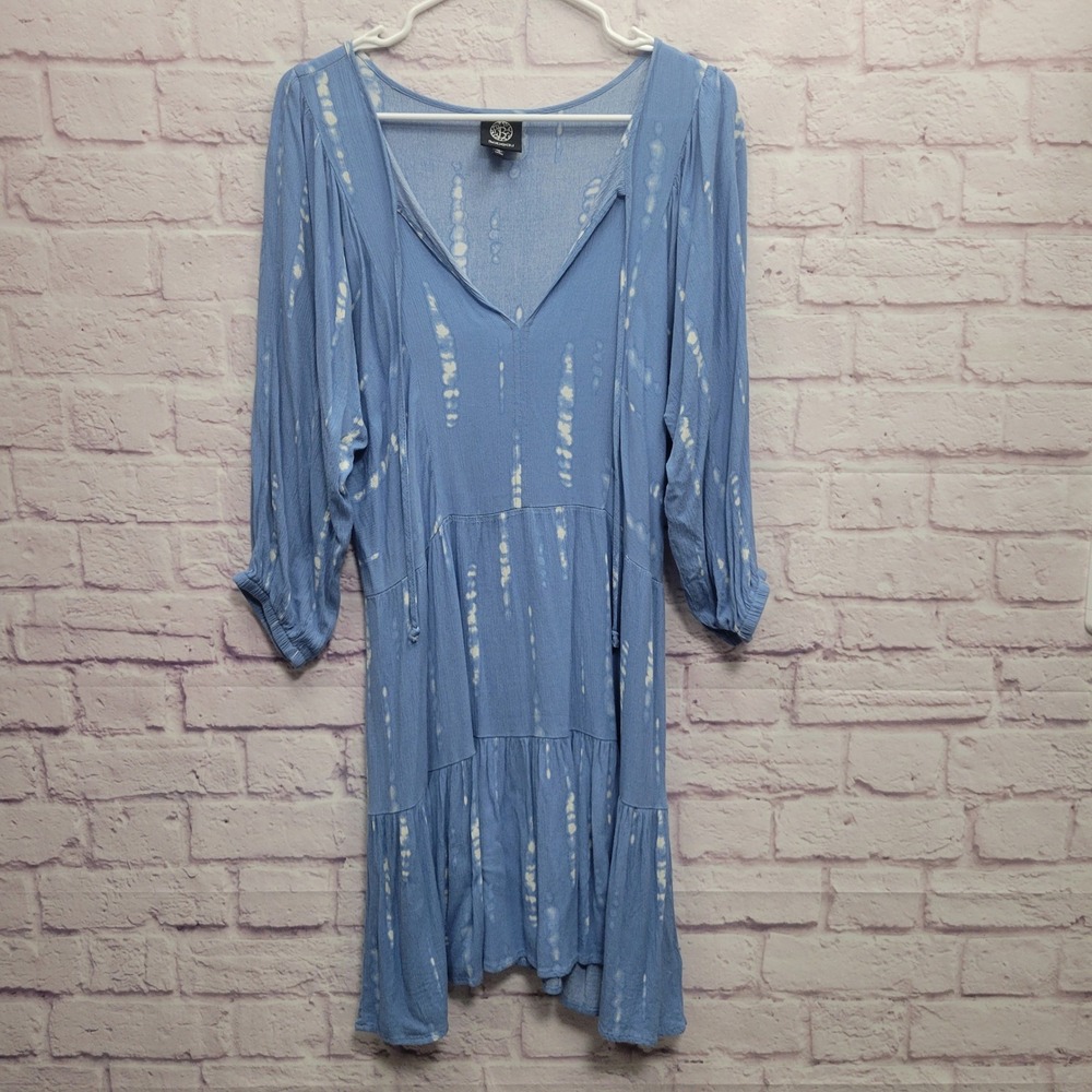Bobeau Blue Linear Dye Tiered Babydoll Dress M Balloon Sleeve Boho Peasant Chic